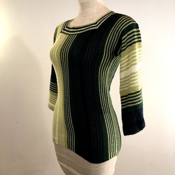 Vintage 60s Women's Green Striped Sweater Hippie Mod Knit XXS/XS - Picture 5 of 9